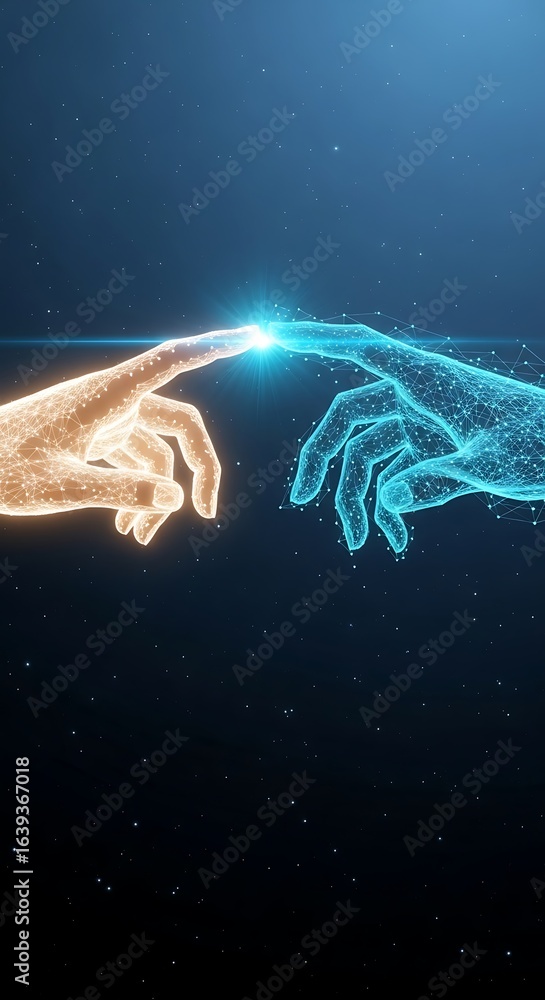 Poster digital hands connect in cosmic glow, symbolizing innovation and shared future.