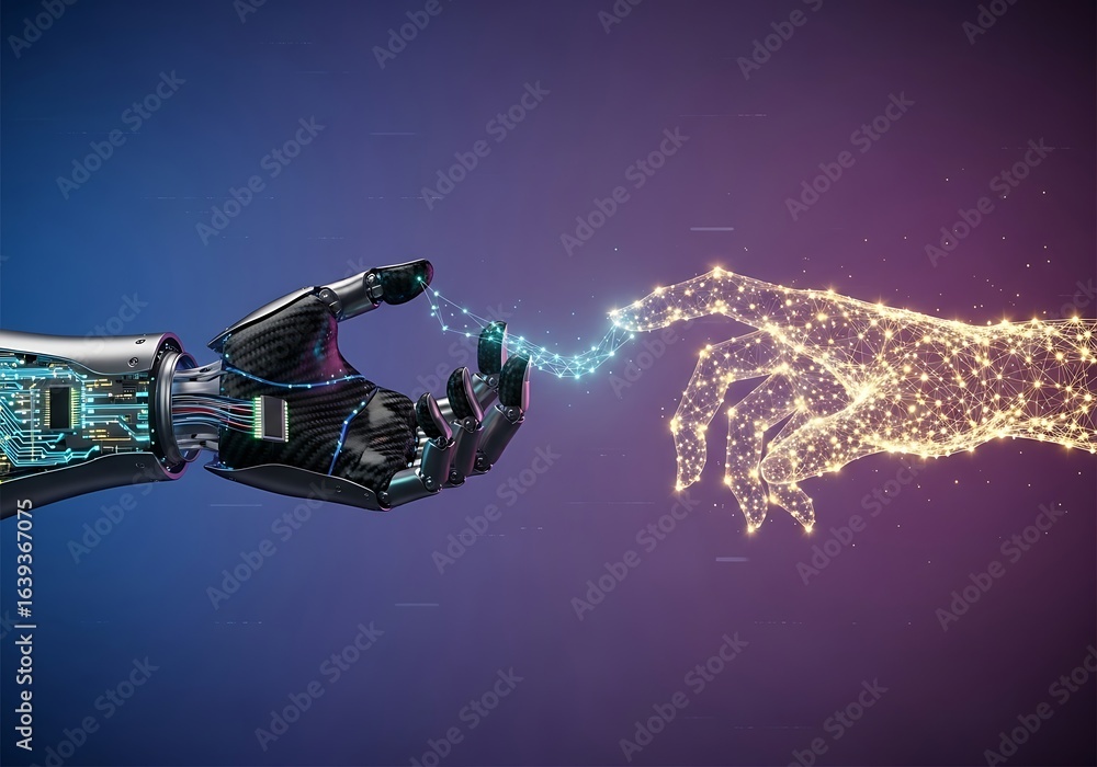 Poster futuristic robot hand connects with glowing data network, symbolizing ai and human collaboration.