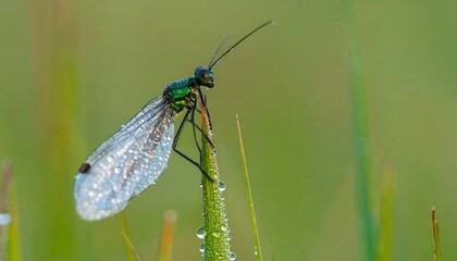 Delicate dragonfly resting on blade of grass.
