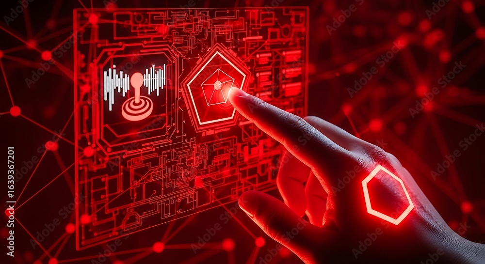 Poster futuristic interface activation with glowing red digital network and human hand interaction