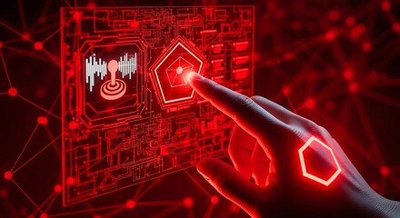 Futuristic interface activation with glowing red digital network and human hand interaction