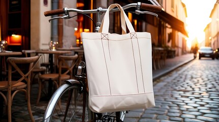 White canvas tote bag with stitched seams and a natural fiber texture hanging from a vintage bicycle's worn leather handlebar parked near a charming cobblestone street café.