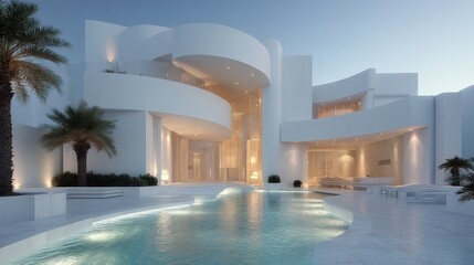 Fototapeta premium Modern, white mansion with an outdoor pool.