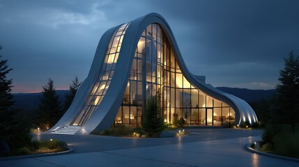 Obraz premium Modern, curved house at twilight with illuminated windows.