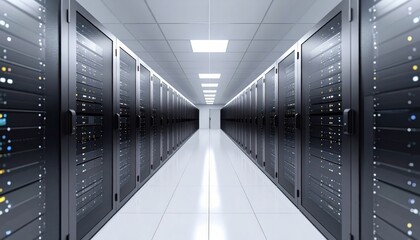 Modern data center with server racks in a long corridor