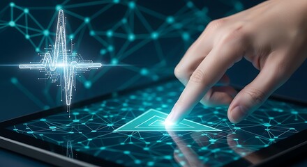 Futuristic hand interacts with glowing digital network displaying vital signs, symbolizing innovation and data analysis