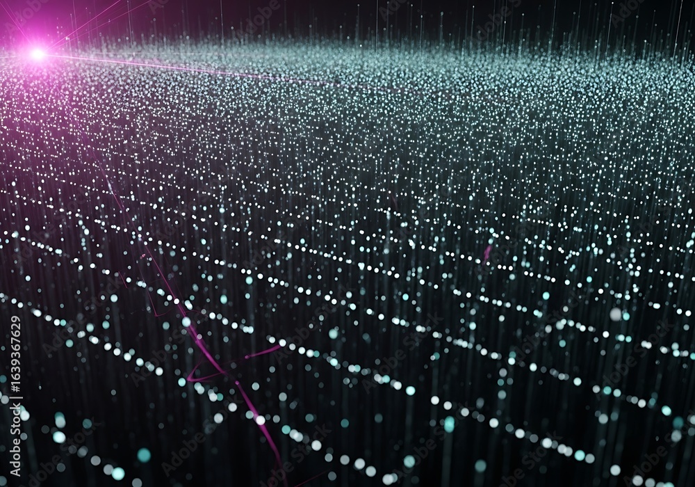 Poster abstract digital network of glowing particles in futuristic cyberspace with magenta light flare