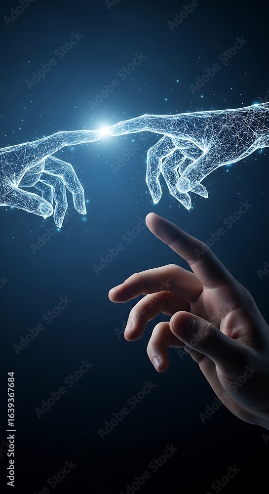 Poster digital connection sparks between human touch and futuristic ai network, representing innovation and