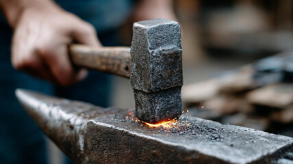 Blacksmith striking metal on anvil with hammer