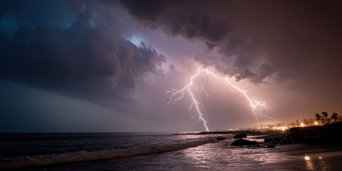 Coastal fury as wind and sea rage, lightning on the horizon
