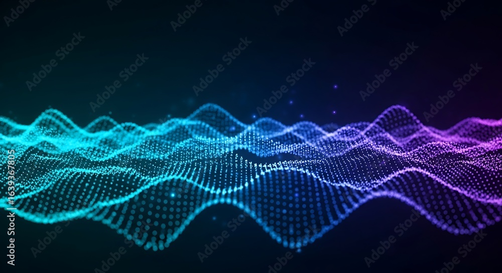 Poster dynamic digital waveform flows with vibrant blue and purple light, abstract data visualization