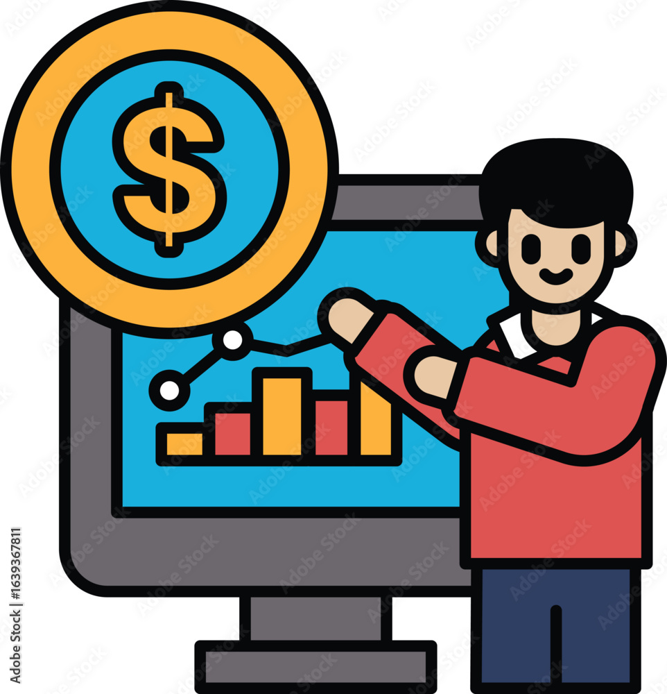 Poster a man is pointing at a computer screen with a dollar sign on it