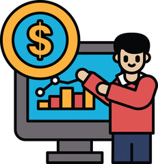 A man is pointing at a computer screen with a dollar sign on it