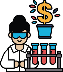 A woman in a lab coat is holding a plant in a pot