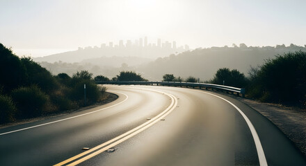 Naklejka premium Scenic Highway Winding Road Asphalt Cityscape Skyline Travel Adventure Journey Road Trip California Dream Open Road Freeway Highway Landscape Nature Background