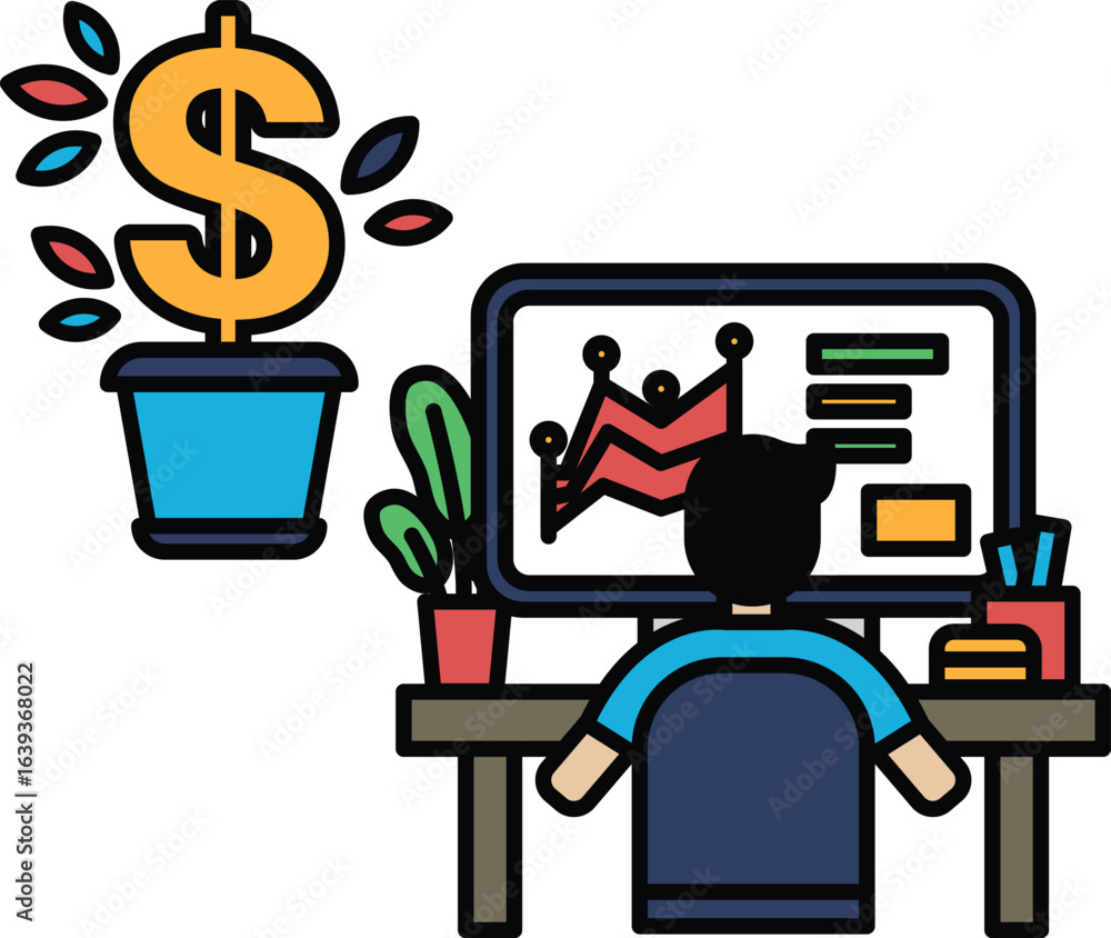 Poster a man is sitting at a desk with a computer monitor in front of him
