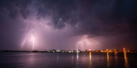 Coastal storm surge with bolts of lightning illuminating the sky