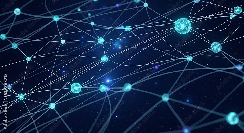 Poster dynamic global network connections glowing in starry digital universe, abstract technology backgroun