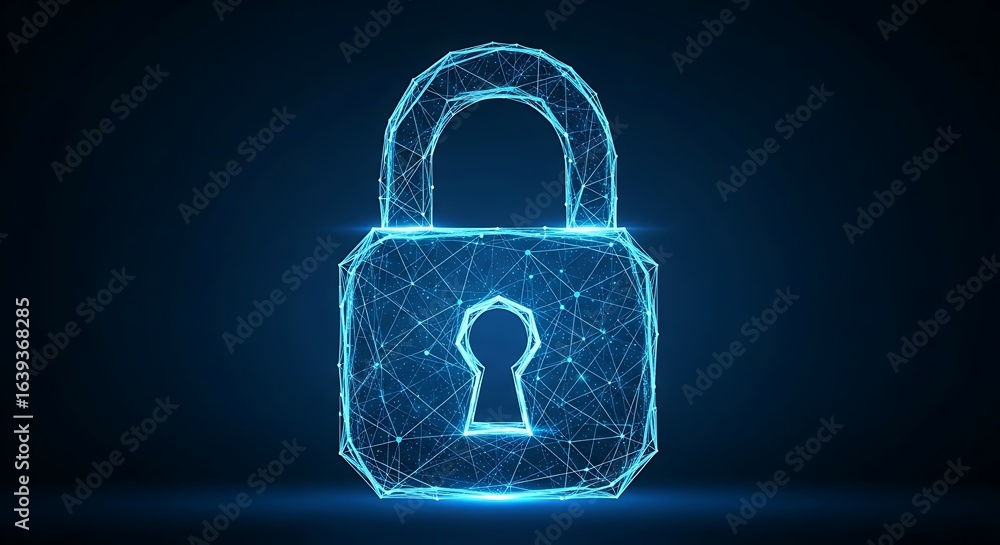 Poster digital padlock glows with secure network connections symbolizing cybersecurity and data protection