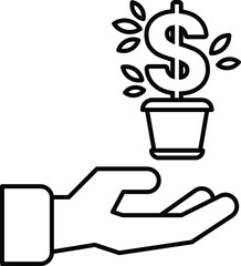 A hand holding a plant in a pot with a dollar sign in the background