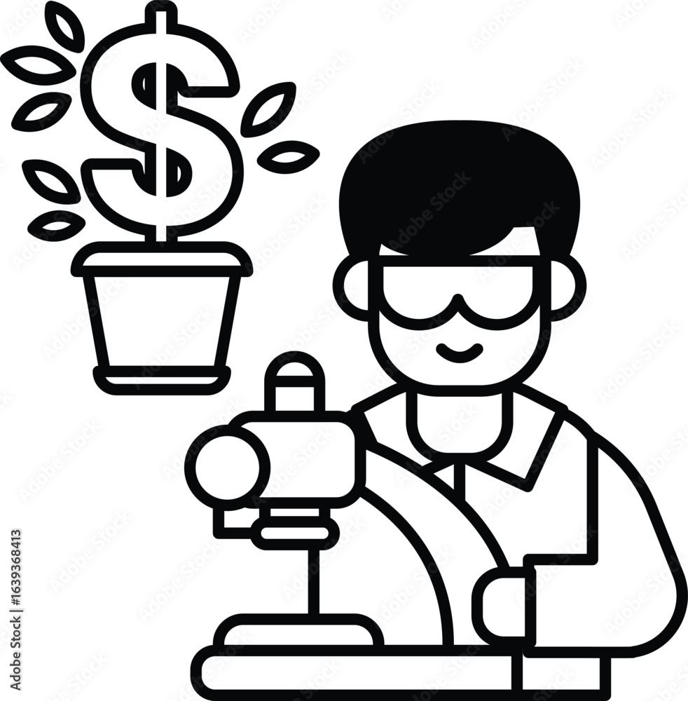 Poster a man is working on a machine with a dollar sign in the background