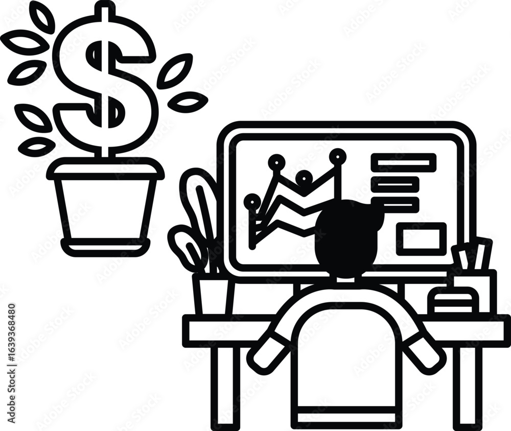 Poster a man is sitting at a desk with a computer monitor in front of him