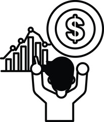 A man is holding up a dollar sign and pointing to a graph