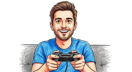 Young man smiling while playing video games on sofa indoors  