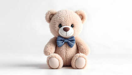 Obraz premium White Teddy Bear with Checkered Ribbon on White Background