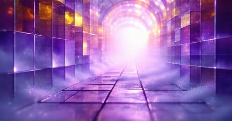 Bright tunnel, purple hues, glowing light source. Cubes form walls, misty atmosphere creates depth, inviting passage.