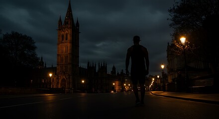 Obraz premium Lone Figure Walking in London at Night Houses of Parliament Silhouette Dark Atmosphere Urban Landscape Serene Evening