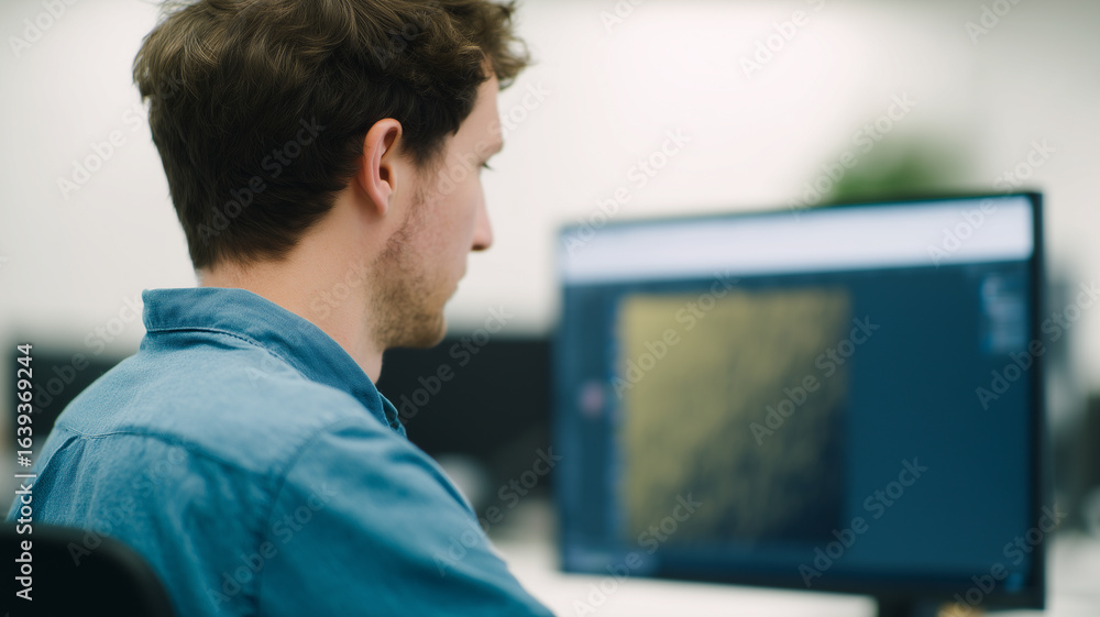 Poster man computer office technology screen working focus casual focused man working computer modern offic