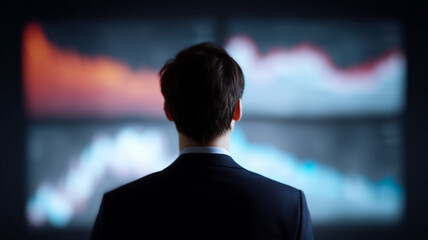 Businessman suit back view economic chart financial graph fluctuating serious office adult male finance professional data