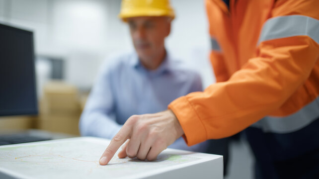 Two logistics professionals in safety gear discuss cargo management, pointing at map in modern office setting