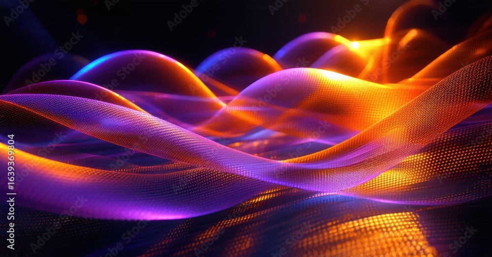 Poster abstract waves, vibrant colors, flowing forms. light pulses radiate from depths, creating dynamic vi