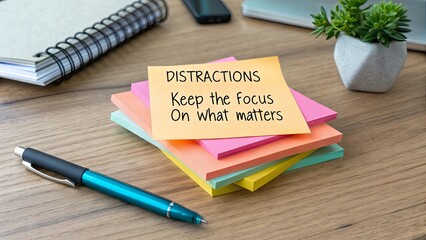 Sticky Notes with Reminder to Avoid Distractions and Focus on Work