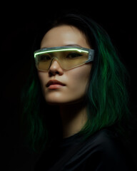 Medium long shot cyberpunk Korean female portrait with glowing glasses, green hair, confident expression, dark background