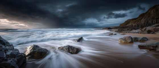 Stormy beach landscape with dramatic sky, moody atmosphere, rocky shore, and waves crashing on sand at sunset