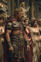 Obraz premium Historical reenactment of a Roman general in a grand hall with attendants