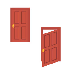 Vector illustration of a closed and open red door with a golden handle, isolated on a white background.