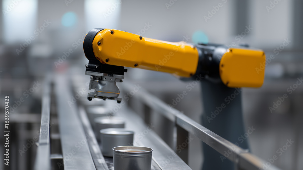 Aufkleber robotic arm placing metal container on conveyor belt in modern factory, efficient and precise automa