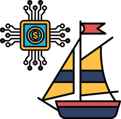 A black and white image of a sailboat with a dollar sign on the side