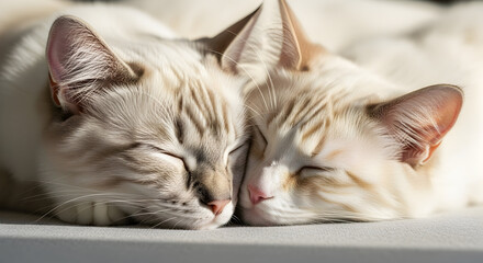 Two adorable cream colored cats cuddling peacefully sleeping together nap time cute kittens fluffy pets animal friends companionship cozy comfort domestic animals
