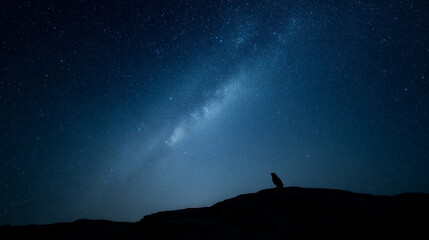 Fototapeta premium Starry sky night silhouette person mountain Milky Way peaceful nature landscape astronomy wonder solitude dark blue cosmic