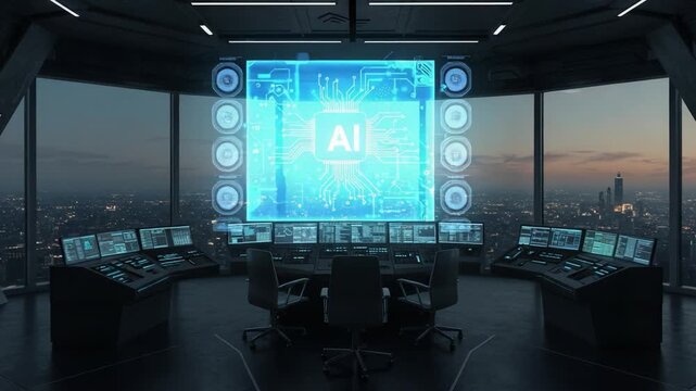 Futuristic AI-Controlled Command Center with Panoramic City Views, Showcasing Advanced Technology and Data Visualization in a Modern Environment
