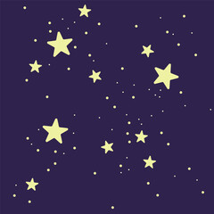 Fototapeta premium Night sky with bright yellow stars and small dots on a dark background in flat vector style.