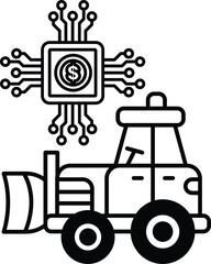 A black and white drawing of a tractor with a dollar sign on it