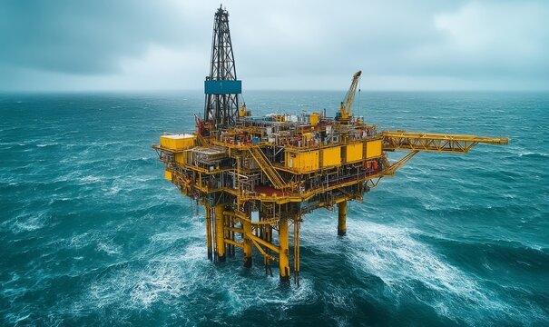 abandoned oil rig set against a stormy sea, capturing the harsh and unforgiving environment of the offshore energy industry, Generative AI
