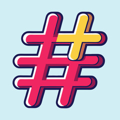 A colorful illustration of a red and yellow hashtag symbol over light blue
