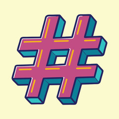 Obraz premium Funky 3D Hashtag Symbol with Bold Outline and Retro Colors Illustration